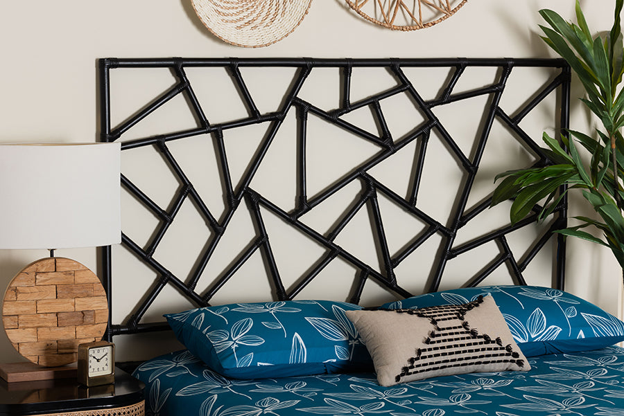 bali & pari Frydel Black Rattan Queen Size Standalone Headboard FredCo