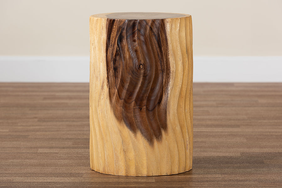 bali & pari Fuchsia Hand-carved Suar Wood Side Table - Round Sculptural Accent Table with Wave Design, Modern Boho Rustic Style for Living Room or Bedroom FredCo