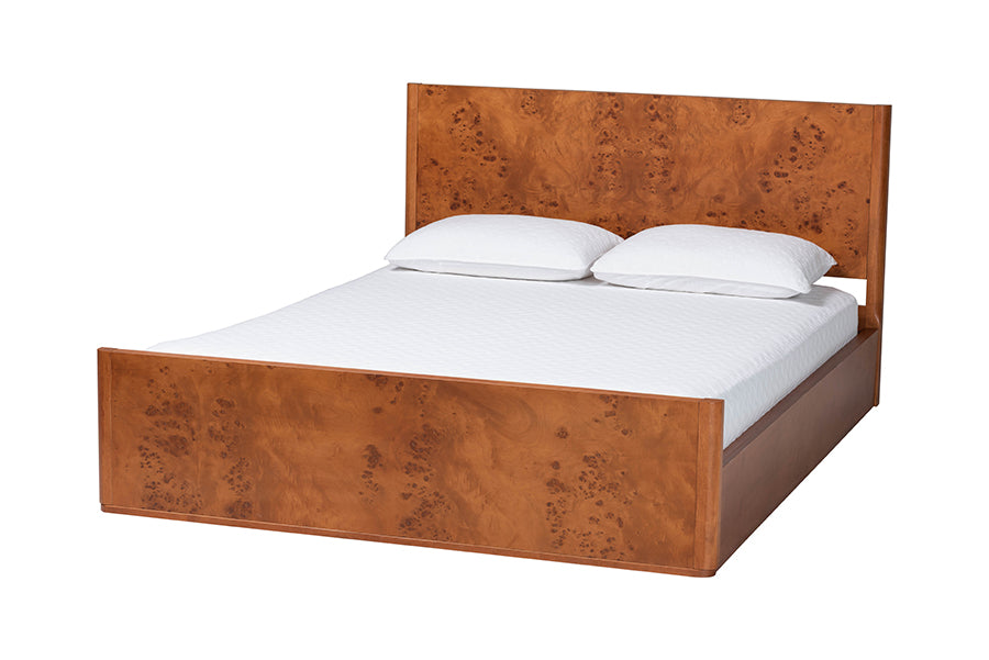Modern wooden bed frame with white bedding and pillows, FredCo International furniture