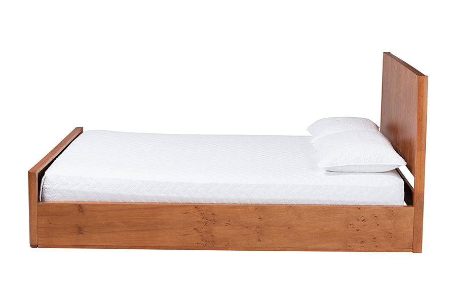 Modern wooden platform bed with white mattress and pillows, FredCo International furniture
