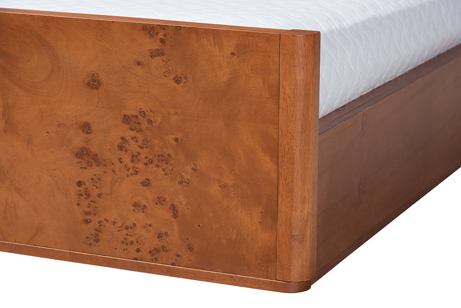 Close-up of modern wood bed frame with burled wood grain, FredCo International furniture