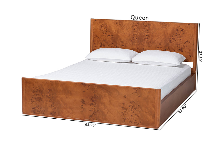 Queen size wood platform bed with white bedding, dimensions labeled, modern furniture