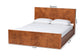 Queen size wood platform bed with white bedding, dimensions labeled, modern furniture
