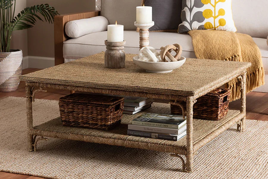 bali & pari Ganit Handwoven Seagrass Coffee Table - Square Center Table with Wrapped Frame and Lower Shelf, Coastal Boho Accent Furniture for Living Room or Lounge FredCo