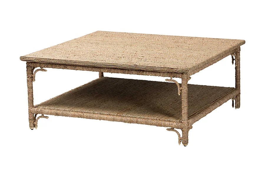 bali & pari Ganit Handwoven Seagrass Coffee Table - Square Center Table with Wrapped Frame and Lower Shelf, Coastal Boho Accent Furniture for Living Room or Lounge FredCo