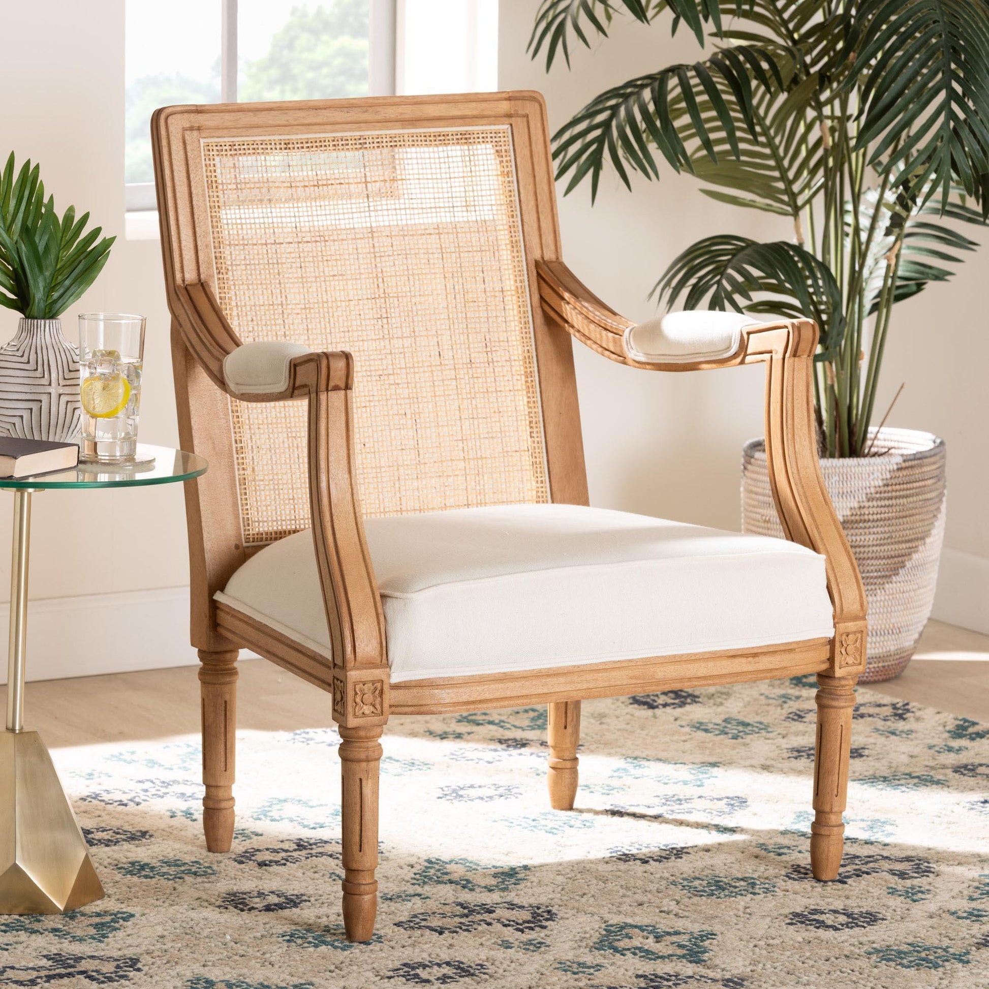 bali & pari Garridan Traditional French Beige Fabric and Honey Oak Finished Wood Accent Chair FredCo