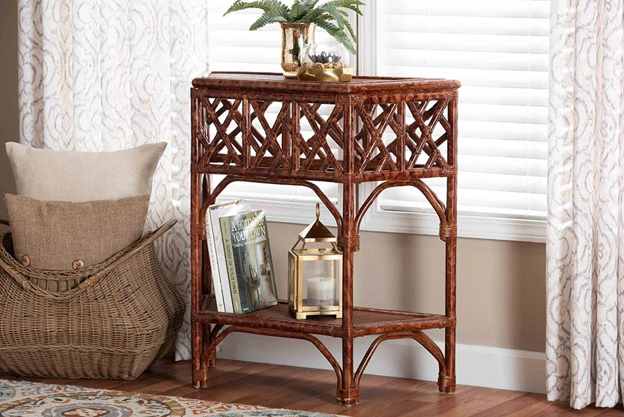 bali & pari Gaspar Marbled Tortoise Natural Rattan Console Table - Handcrafted Accent Table with Chippendale Design, Coastal Tropical Style for Entryway, Hallway, or Living Room FredCo