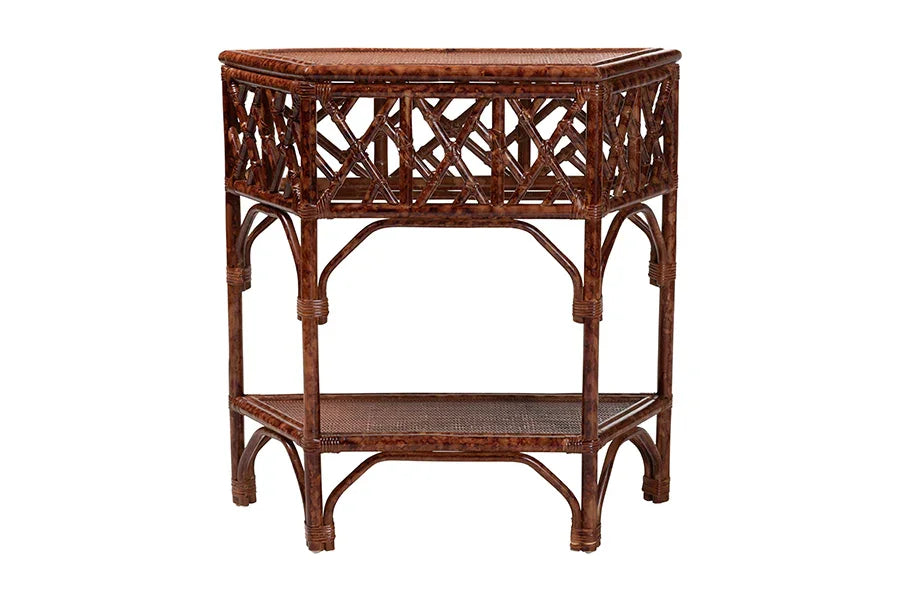 bali & pari Gaspar Marbled Tortoise Natural Rattan Console Table - Handcrafted Accent Table with Chippendale Design, Coastal Tropical Style for Entryway, Hallway, or Living Room FredCo