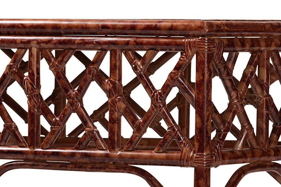 bali & pari Gaspar Marbled Tortoise Natural Rattan Console Table - Handcrafted Accent Table with Chippendale Design, Coastal Tropical Style for Entryway, Hallway, or Living Room FredCo