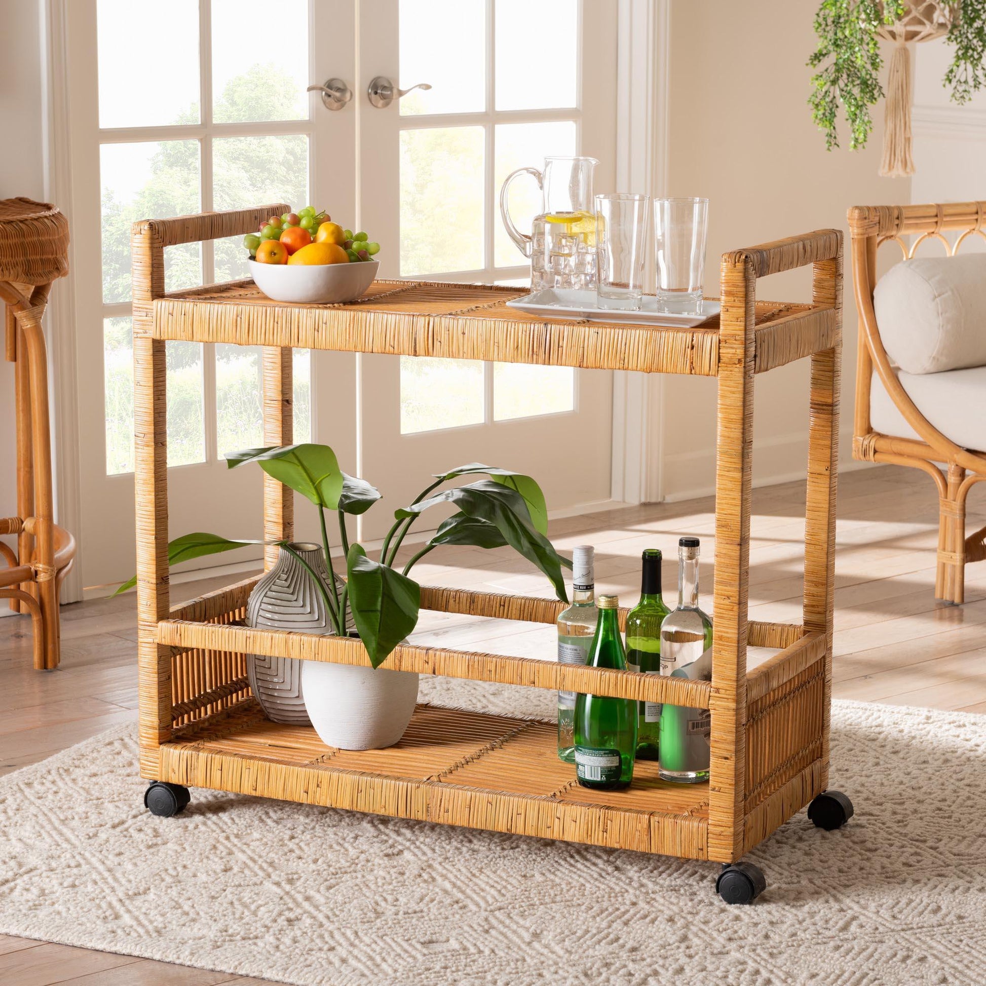 bali & pari Genet Modern Bohemian Natural Brown Rattan and Teak Wood 2-Tier Kitchen Cart FredCo