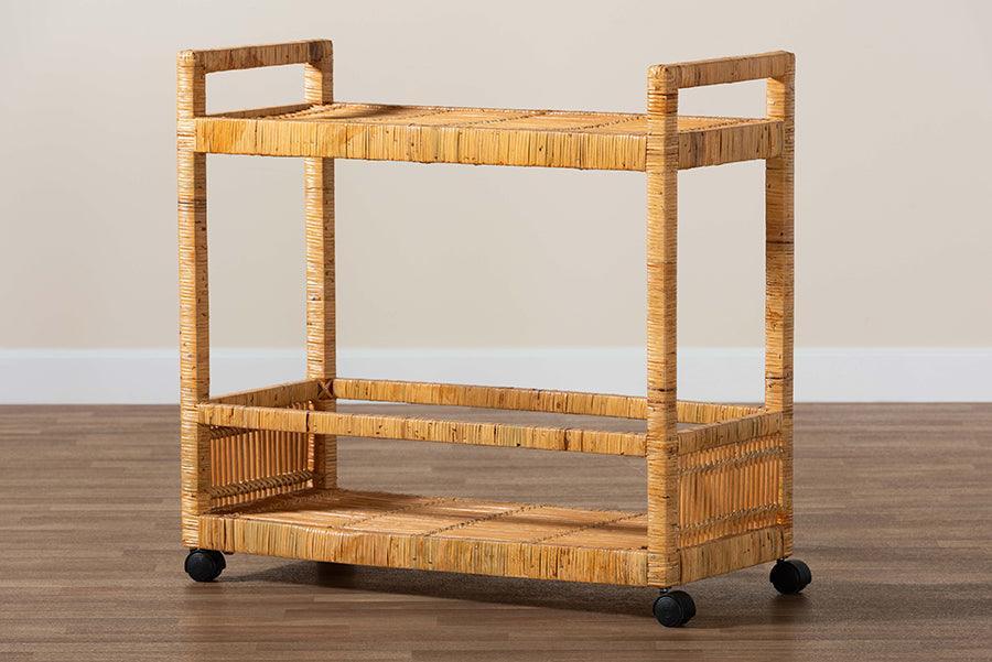 bali & pari Genet Modern Bohemian Natural Brown Rattan and Teak Wood 2-Tier Kitchen Cart FredCo