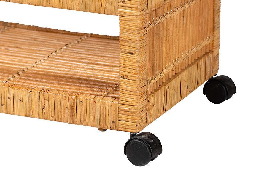bali & pari Genet Modern Bohemian Natural Brown Rattan and Teak Wood 2-Tier Kitchen Cart FredCo