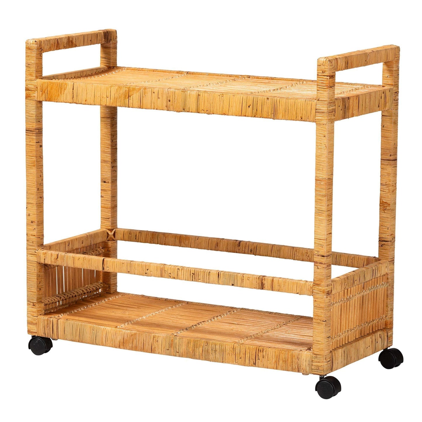 bali & pari Genet Modern Bohemian Natural Brown Rattan and Teak Wood 2-Tier Kitchen Cart FredCo