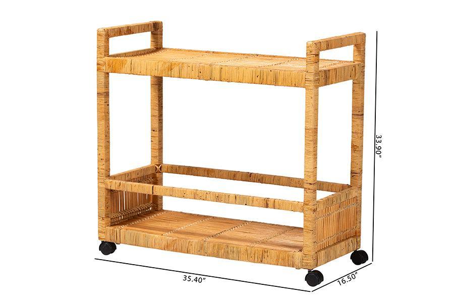 bali & pari Genet Modern Bohemian Natural Brown Rattan and Teak Wood 2-Tier Kitchen Cart FredCo