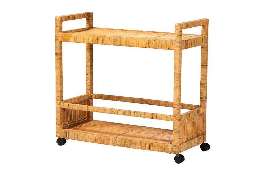 bali & pari Genet Modern Bohemian Natural Brown Rattan and Teak Wood 2-Tier Kitchen Cart FredCo