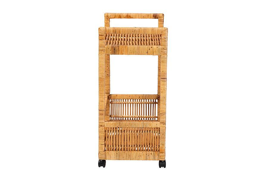 bali & pari Genet Modern Bohemian Natural Brown Rattan and Teak Wood 2-Tier Kitchen Cart FredCo