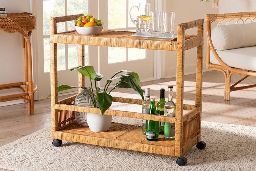 bali & pari Genet Modern Bohemian Natural Brown Rattan and Teak Wood 2-Tier Kitchen Cart FredCo