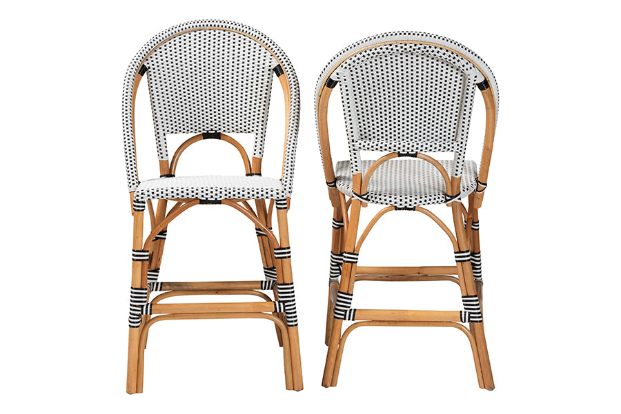 bali & pari Genica Classic French Two-Tone Black and White Weaving and Natural Rattan 2-Piece Counter Stool Set FredCo