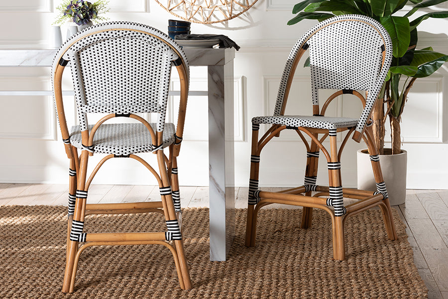 bali & pari Genica Classic French Two-Tone Black and White Weaving and Natural Rattan 2-Piece Counter Stool Set FredCo