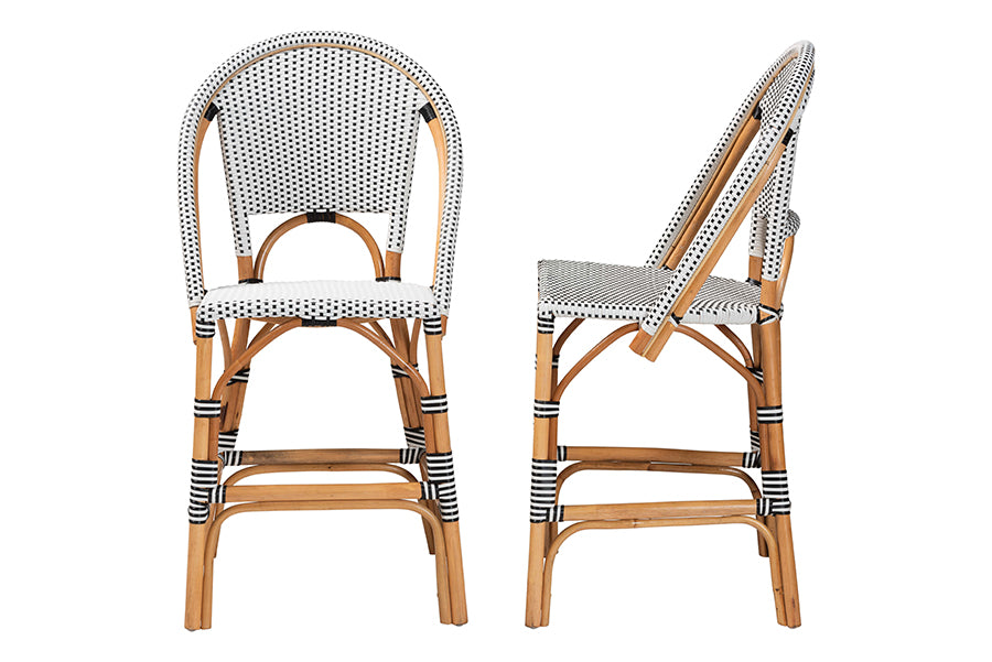 bali & pari Genica Classic French Two-Tone Black and White Weaving and Natural Rattan 2-Piece Counter Stool Set FredCo