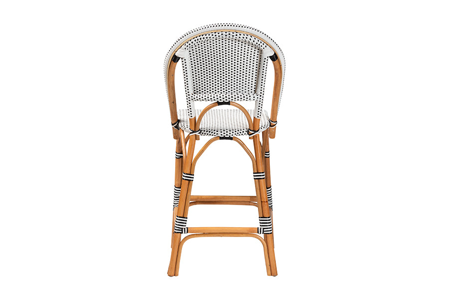 bali & pari Genica Classic French Two-Tone Black and White Weaving and Natural Rattan Bar Stool FredCo