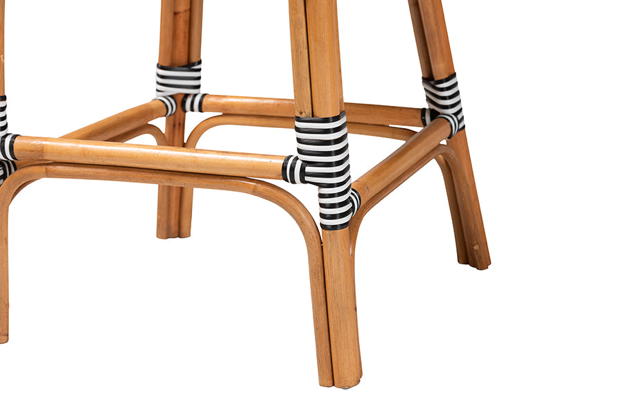 bali & pari Genica Classic French Two-Tone Black and White Weaving and Natural Rattan Bar Stool FredCo