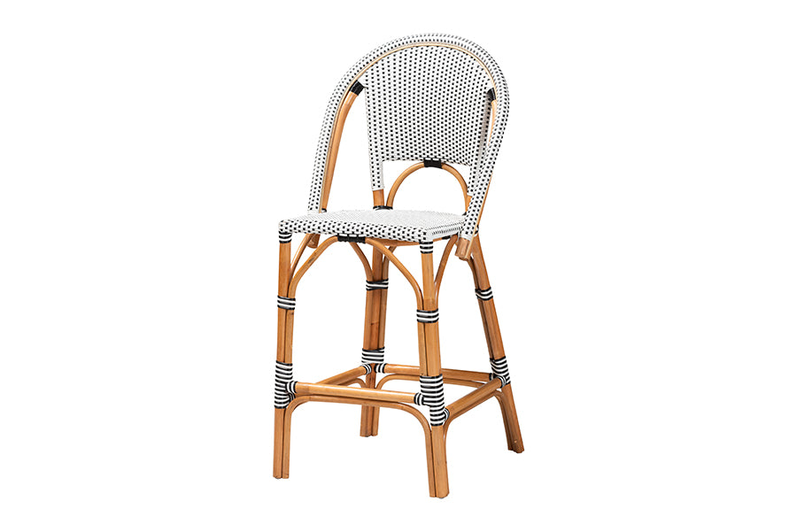 bali & pari Genica Classic French Two-Tone Black and White Weaving and Natural Rattan Bar Stool FredCo