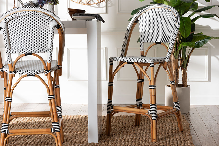 bali & pari Genica Classic French Two-Tone Black and White Weaving and Natural Rattan Bar Stool FredCo