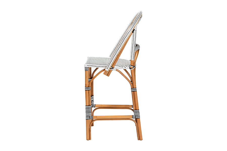 bali & pari Genica Classic French Two-Tone Black and White Weaving and Natural Rattan Bar Stool FredCo