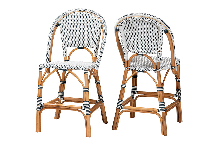 bali & pari Genica Classic French Two-Tone Navy and White Weaving and Natural Rattan 2-Piece Counter Stool Set FredCo