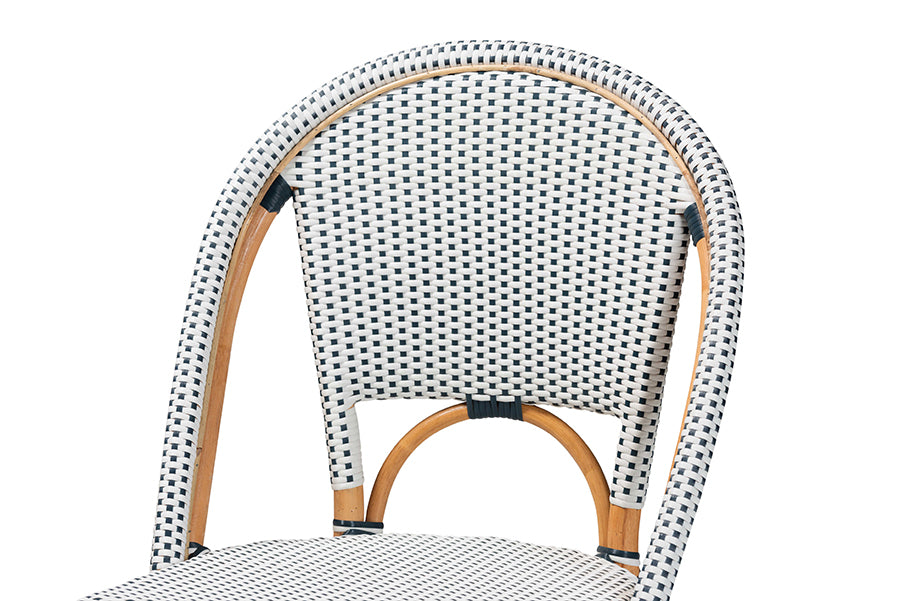 bali & pari Genica Classic French Two-Tone Navy and White Weaving and Natural Rattan 2-Piece Counter Stool Set FredCo