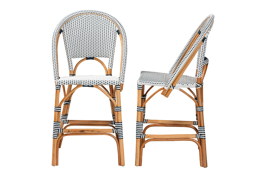 bali & pari Genica Classic French Two-Tone Navy and White Weaving and Natural Rattan 2-Piece Counter Stool Set FredCo
