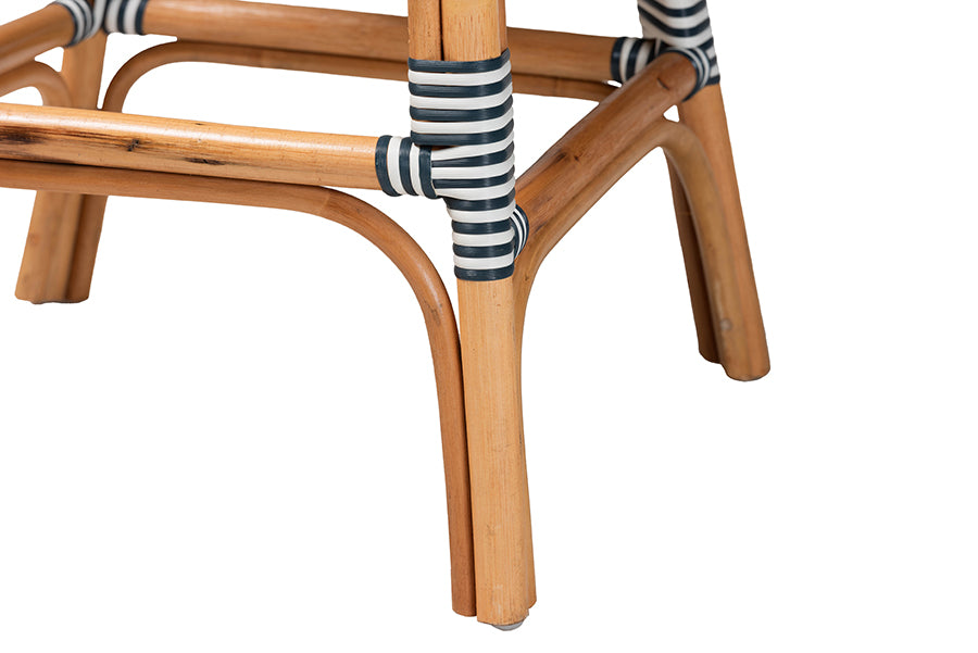 bali & pari Genica Classic French Two-Tone Navy and White Weaving and Natural Rattan 2-Piece Counter Stool Set FredCo