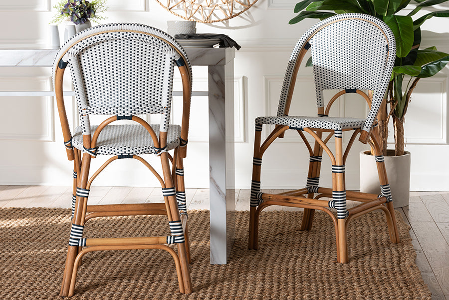 bali & pari Genica Classic French Two-Tone Navy and White Weaving and Natural Rattan 2-Piece Counter Stool Set FredCo