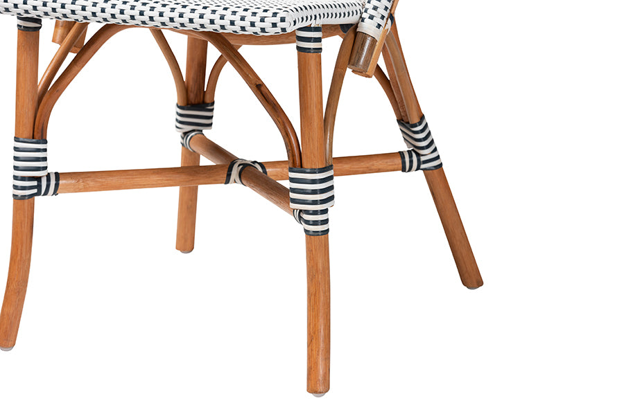 bali & pari Genica Classic French Two-Tone Navy and White Weaving and Natural Rattan Bistro Chair FredCo