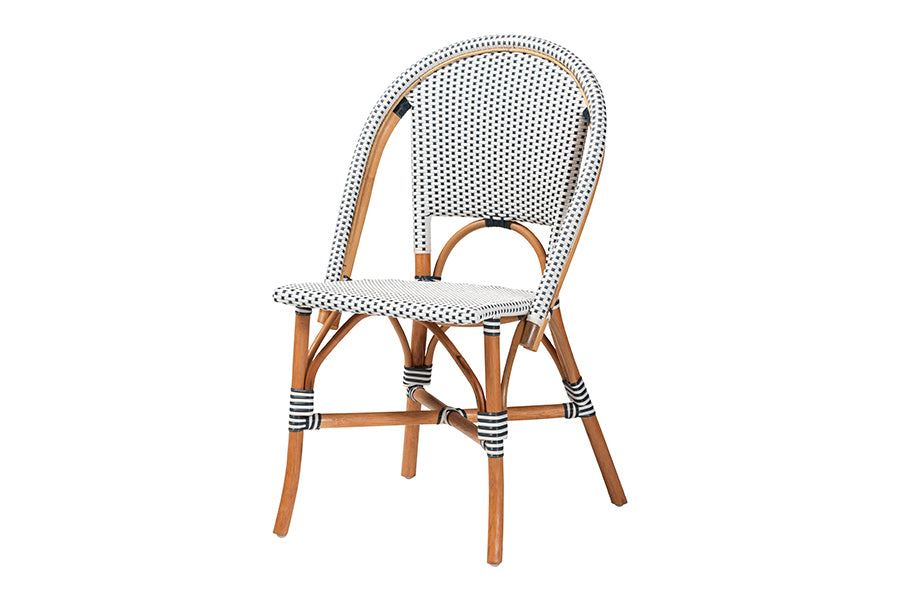 bali & pari Genica Classic French Two-Tone Navy and White Weaving and Natural Rattan Bistro Chair FredCo