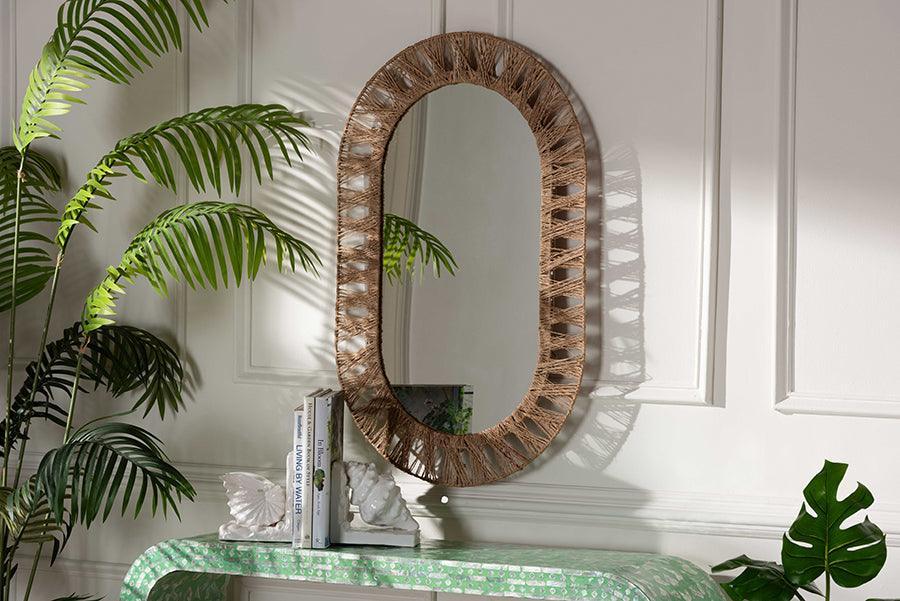 bali & pari Geona Modern Bohemian Metal and Natural Brown Seagrass Accent Wall Mirror FredCo