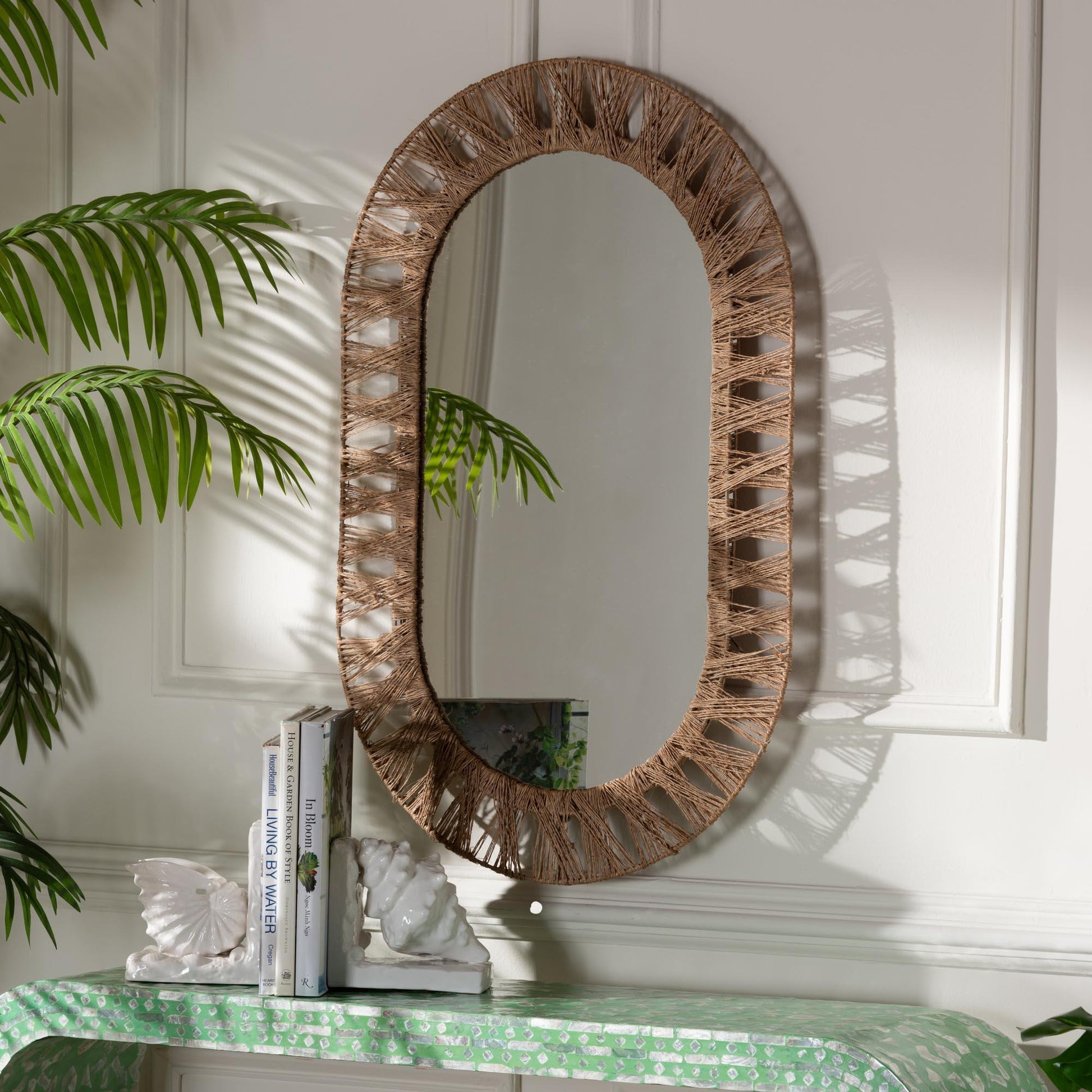 bali & pari Geona Modern Bohemian Metal and Natural Brown Seagrass Accent Wall Mirror FredCo