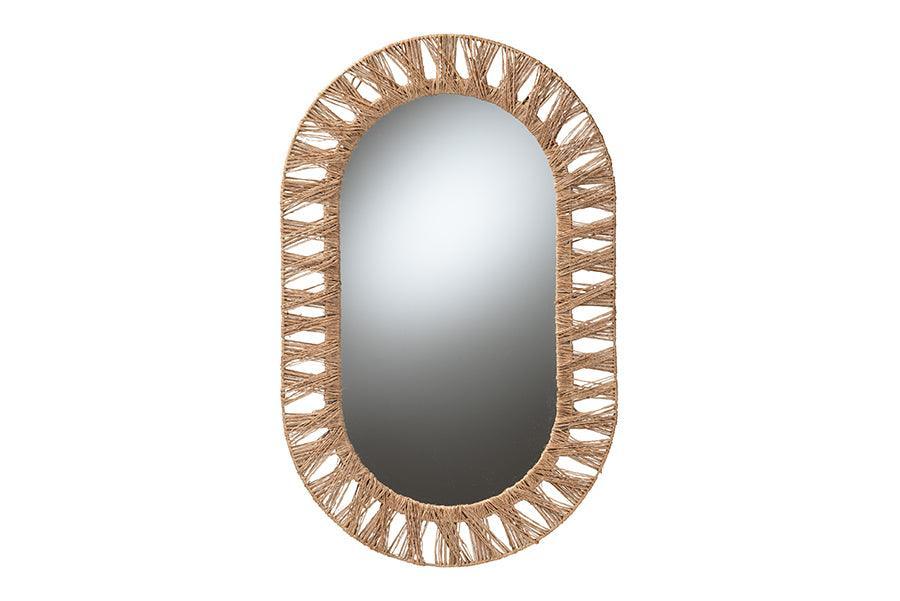 bali & pari Geona Modern Bohemian Metal and Natural Brown Seagrass Accent Wall Mirror FredCo