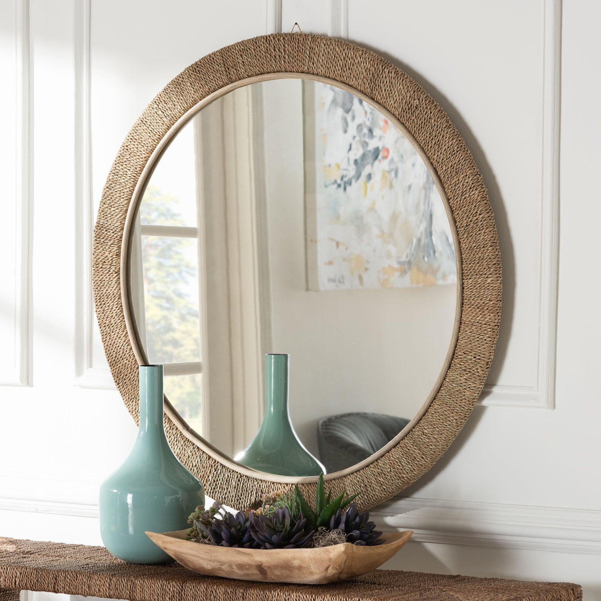 bali & pari Geralyn Japandi Natural Seagrass Round Wall Mirror FredCo
