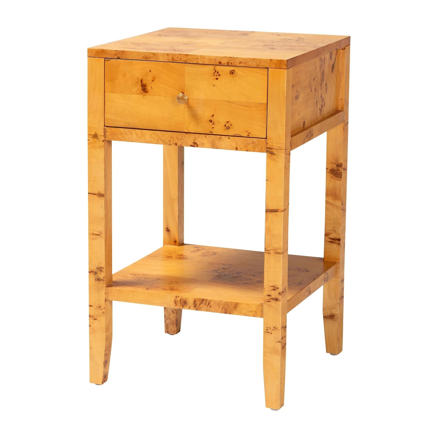 bali & pari Ghina Modern and Contemporary Natural Light Mappa Burl Wood 1-Drawer Nightstand FredCo
