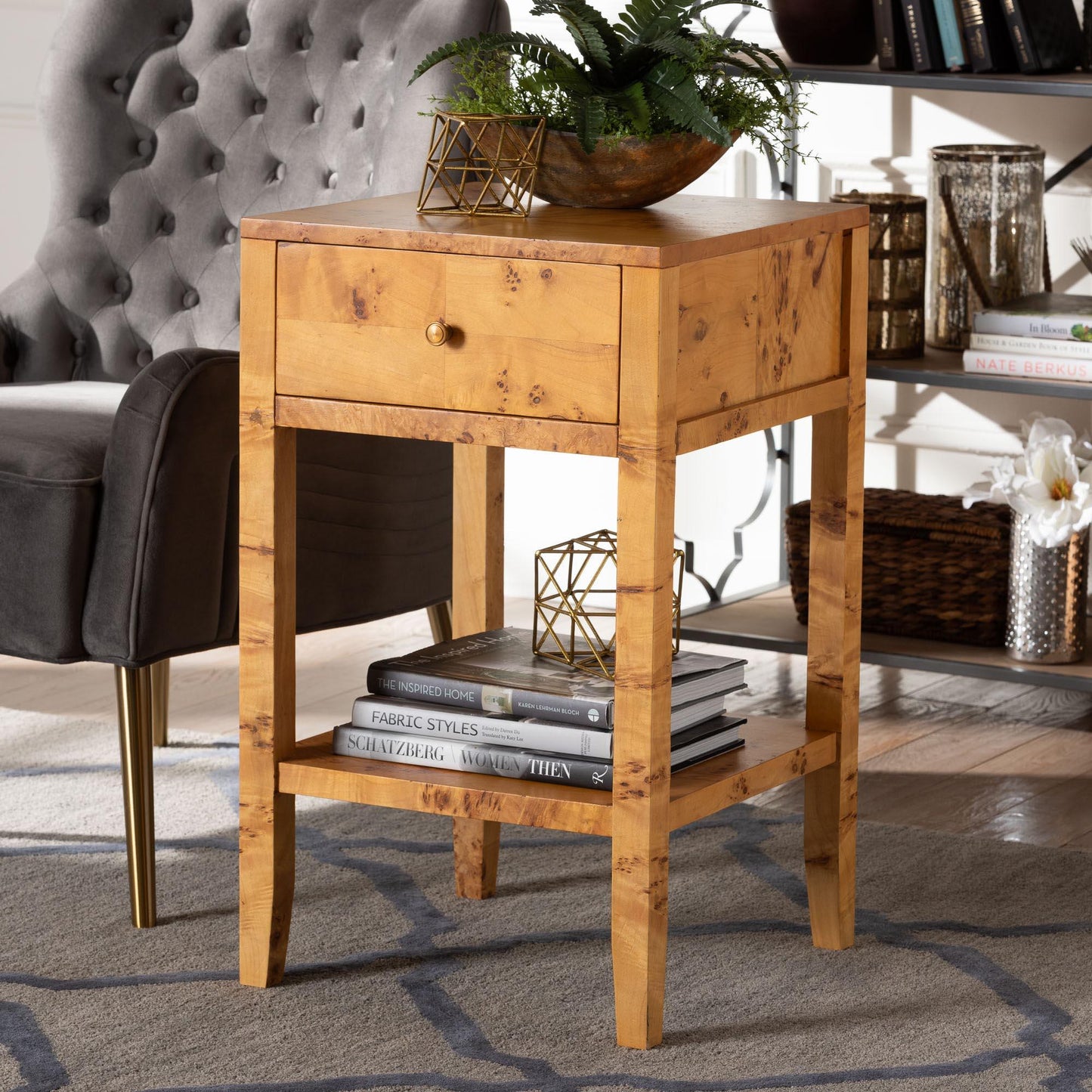 bali & pari Ghina Modern and Contemporary Natural Light Mappa Burl Wood 1-Drawer Nightstand FredCo