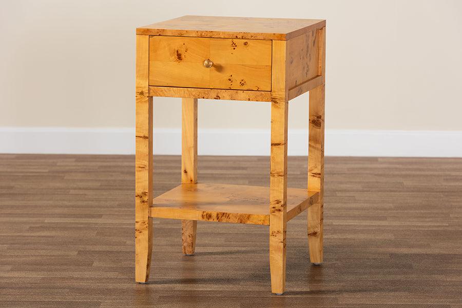 bali & pari Ghina Modern and Contemporary Natural Light Mappa Burl Wood 1-Drawer Nightstand FredCo