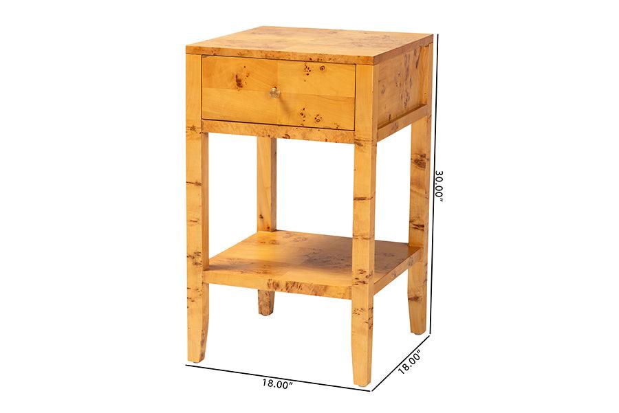 bali & pari Ghina Modern and Contemporary Natural Light Mappa Burl Wood 1-Drawer Nightstand FredCo