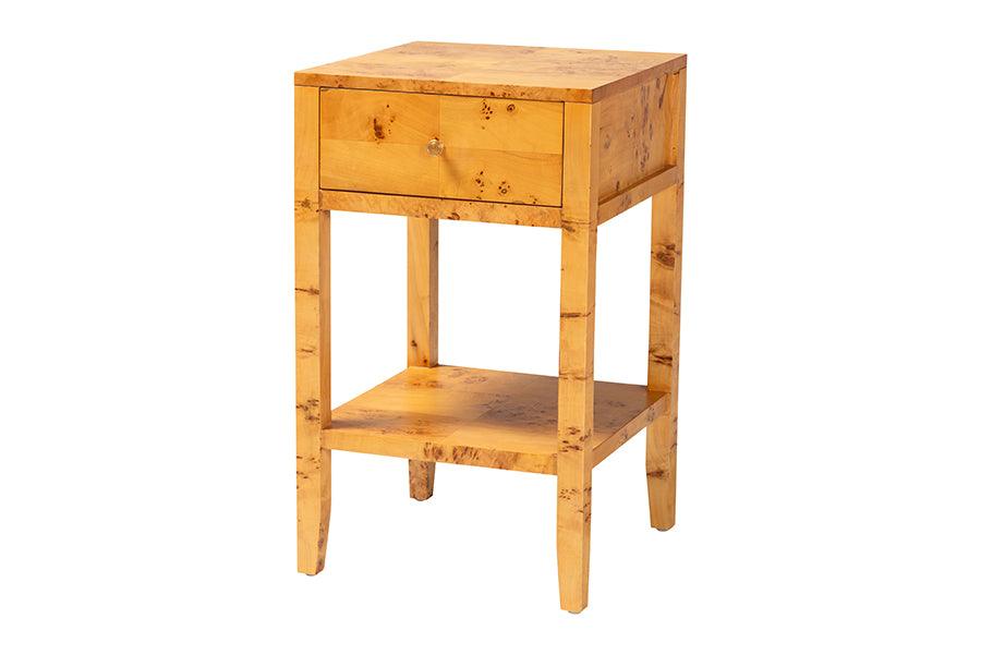 bali & pari Ghina Modern and Contemporary Natural Light Mappa Burl Wood 1-Drawer Nightstand FredCo