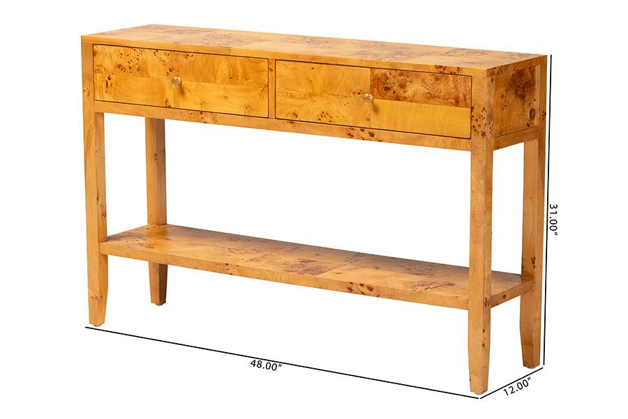 bali & pari Ghina Modern and Contemporary Natural Light Mappa Burl Wood 2-Drawer Console Table FredCo