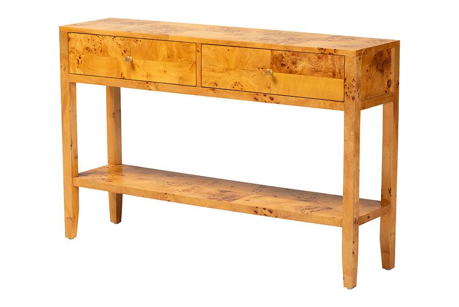 bali & pari Ghina Modern and Contemporary Natural Light Mappa Burl Wood 2-Drawer Console Table FredCo