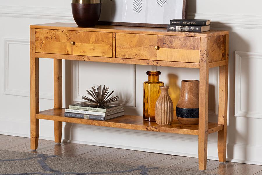 bali & pari Ghina Modern and Contemporary Natural Light Mappa Burl Wood 2-Drawer Console Table FredCo