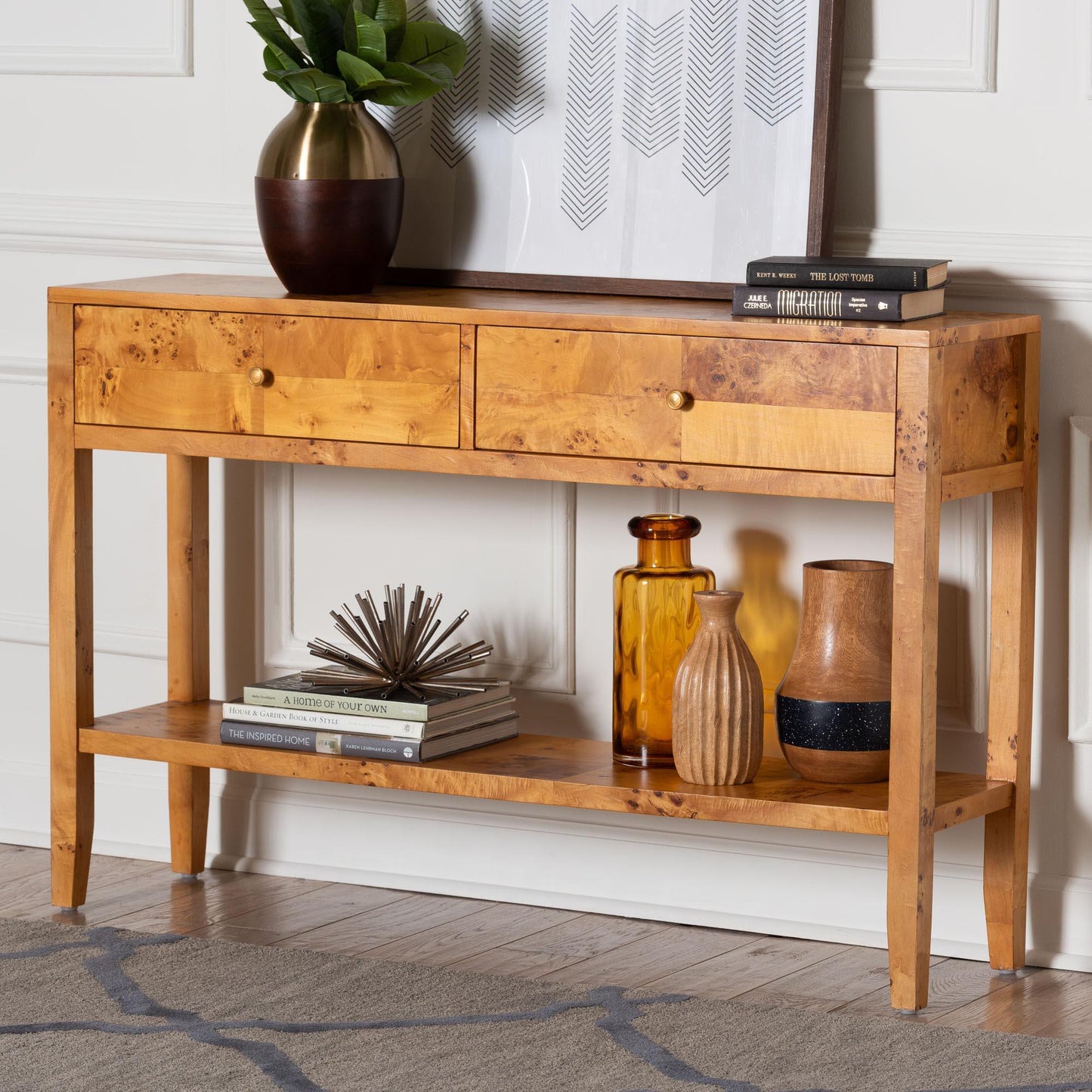 bali & pari Ghina Modern and Contemporary Natural Light Mappa Burl Wood 2-Drawer Console Table FredCo