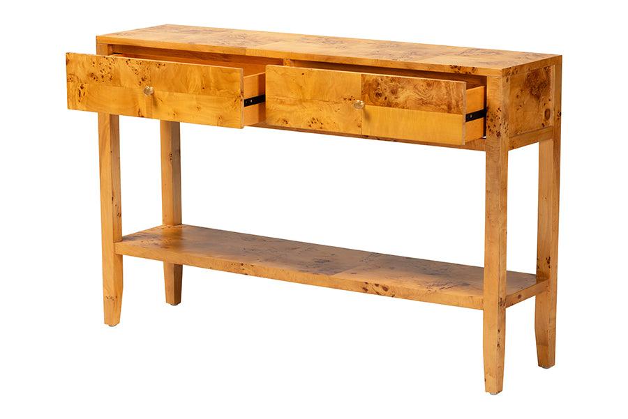 bali & pari Ghina Modern and Contemporary Natural Light Mappa Burl Wood 2-Drawer Console Table FredCo